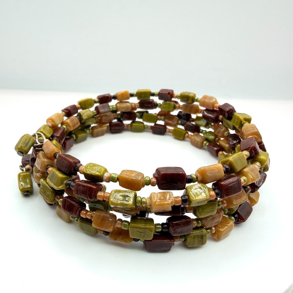 Vintage Earth Tone Chunky Beaded Memory Wire Wrap Bracelet Boho Statement